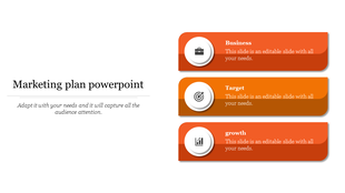Slide with three stacked orange bars, featuring icons and descriptions, highlighting key marketing elements.