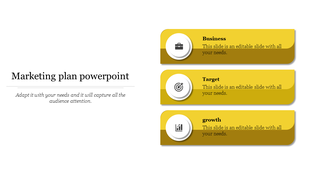 Marketing slide featuring three yellow bars with icons inside circular white elements, representing Business and Growth.
