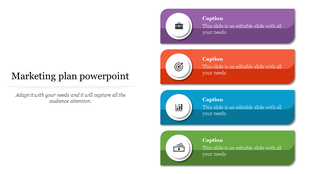 Marketing slide featuring four labeled banners in purple, red, blue, and green, each containing a circular icon and caption.