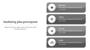Minimalist slide featuring a four-step framework with Business and Profit, represented in gray banners with icons.