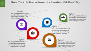 Curved timeline infographic featuring five steps with colorful circular markers containing technology-related icons.