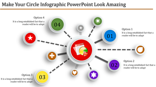 Slide with a central red chart icon linked to surrounding circles in blue, green, yellow, and purple, with numbered options.