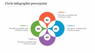 Four section circular infographic with overlapping colored circles labeled 01 to 04, each with a caption.