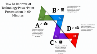 Zigzag path infographic with four colorful segments in green, blue, purple, and red, labeled A, B, C, and D with icons.