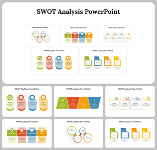 SWOT analysis slide deck featuring showcasing circular, linear, and tabular designs with color coded sections.