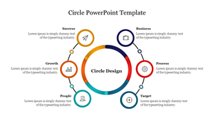 Colorful circular slide featuring six steps success, business, process, target, people, and growth with icons.