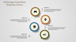 Technology PowerPoint template with four numbered options, each containing an icon and description in a speech bubble.