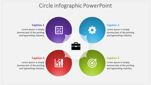 Circular infographic with four colorful sections in purple, blue, green, and red, surrounding a central briefcase icon.