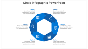 Circular infographic with six segments in blue, each with icons and placeholders for text, around a central hexagon.