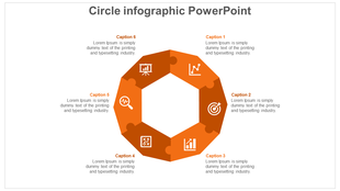 Circular infographic design with six interconnected orange segments, each displaying an icon and caption.