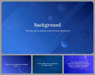 Blue gradient background with circular patterns and abstract graphics across four slides each with a quote.