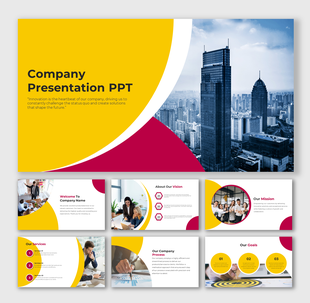 Six slide company with bold red and yellow curves, city image, team photos, and business icons.
