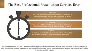 Professional PowerPoint template with a stopwatch and three captions for presentation service descriptions.