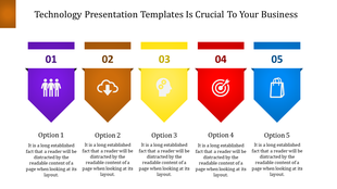 Technology template showing five options with icons and colors group, cloud download, brain, target, and shopping bag.