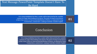Slide with two horizontal blue bars with text, numbered 01 and 02 on the right, and a central gray conclusion section.