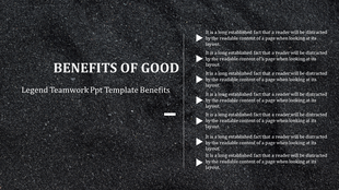 Text-heavy slide with a dark background, highlighting teamwork benefits with bullet points listed on the right side.