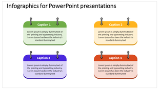 Infographic with four hanging note cards labeled with four captions in green, yellow, purple, and red.