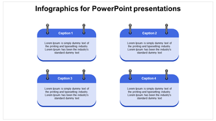 PowerPoint slide with four captioned sections, each featuring blue infographic boxes with paperclip icons.