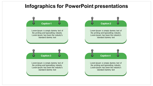 Grid of four green rectangular infographic elements pinned at the top, each containing captions and descriptive text.