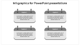 Infographic with four gray clipboard style text blocks, each featuring a caption at the top and placeholder text below.