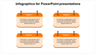 Four orange sticky notes with pins at the top, each with space for text in a 2x2 grid on a white background.