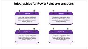 PowerPoint slide with four captioned sections, each featuring purple infographic boxes with paperclip icons.