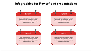 Infographic with four red clipboard style text blocks, each featuring a caption at the top and placeholder text below.