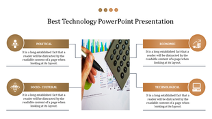 Slide layout with a graph and calculator, flanked by circular icons and captions from political, to technological aspects.