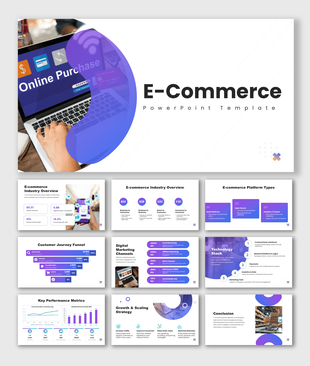 Modern E-commerce PPT template with industry overview, customer journey, marketing channels, KPIs, and growth strategies.