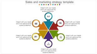 Slide featuring a central hexagon with six colorful segments, each linked to a circular icon with text areas.