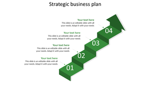 Green 3D staircase arrow infographic with four numbered steps, ascending from 01 to 04, each linked to a text area.