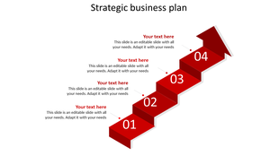 Red 3D staircase arrow with four steps labeled 01 to 04, each with text boxes aligned to the left on a white background.