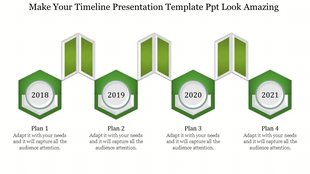 Timeline slide featuring four green hexagonal sections for years 2018 to 2021, with vertical banners above each step.
