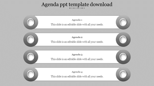 Horizontal list of four agenda items with circular icons on both sides, set against a gray background.