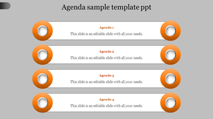 Agenda sample PPT template with four horizontal sections, each featuring an orange circular design and text placeholders.