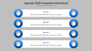 Agenda slide with four horizontal white bars labeled Agenda 1 to 4, each with blue icons on both ends and gray background.