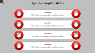 Vertical list of four red and white agenda items, each with a circular button design and a numbered label.