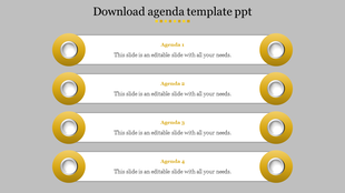 Agenda sample PPT template with four horizontal sections, each featuring a yellow circular design and text placeholders.