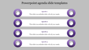 Agenda layout with four stacked white bars, each titled and bordered by purple circular icons, set on a gray background.