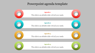 Slide with four horizontal bars with a colored circle at the ends in red, teal, orange, and green, each with text.