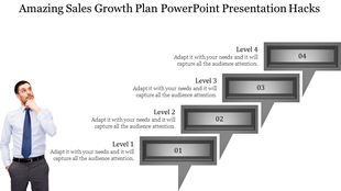 Stepwise sales growth template showing four gray steps and a man in a suit gazing thoughtfully.