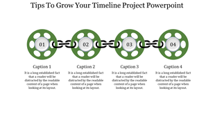 A PowerPoint slide showing a timeline project with four linked circles and captions describing each phase.