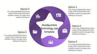 Technology slide featuring a purple circular design with icons and five labeled options around a central star.