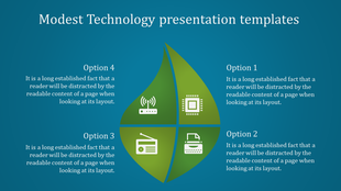 A slide showing a technology with four options wireless, processor, radio, and printer, each with corresponding icons.