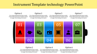 Battery shaped infographic with seven colorful segments, each labeled with numbers, icons and captions below.