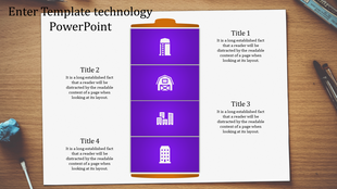 Technology PowerPoint template featuring a battery graphic with four sections and descriptive text for each title.