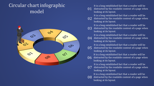 3D circular chart divided into eight colored segments with labels 01 to 08 and text descriptions, set on a blue background.