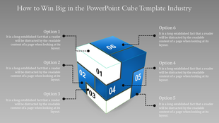 PowerPoint cube template with numbered sections showcasing different options for presentation content.