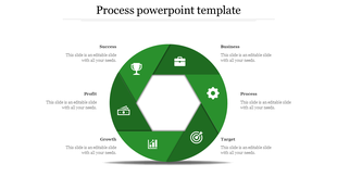 Circular green infographic divided into six parts with white icons, centered around a hexagon in a white backdrop.