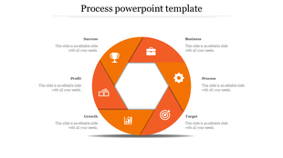 Hexagonal orange process diagram with six segments featuring business-related icons, arranged around a central hollow space.